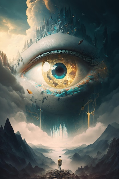 A painting of a eye with clouds and mountains in the background.