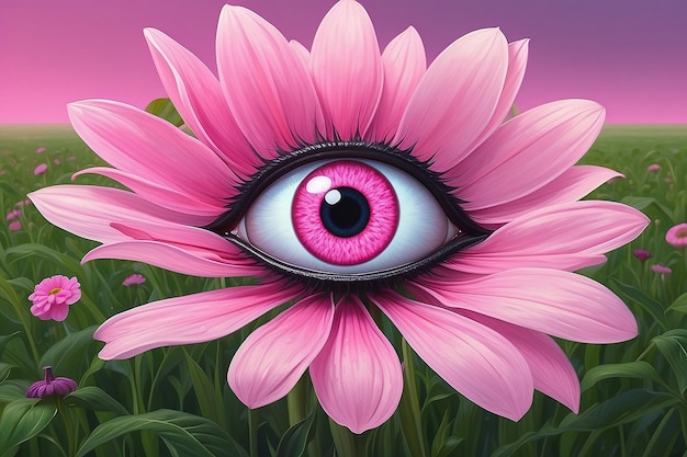 a painting of an eye with a pink flower in the middle