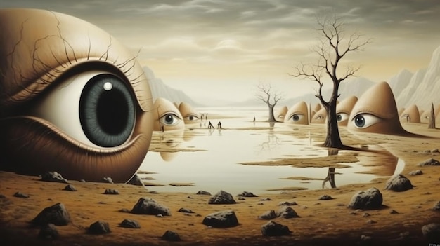 A painting of an eye with trees and water in the background.