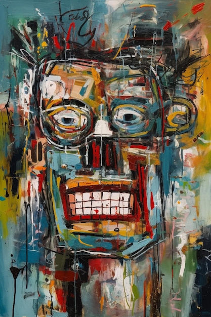 A painting of a face with a big smile on it