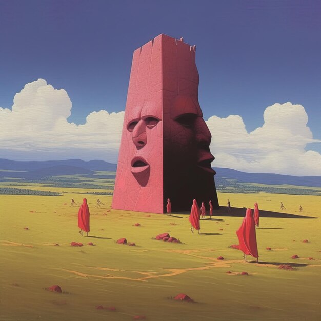 a painting of a face with a red face and a large red structure in the middle of the picture