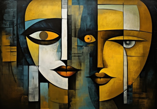 a painting of faces and eyes