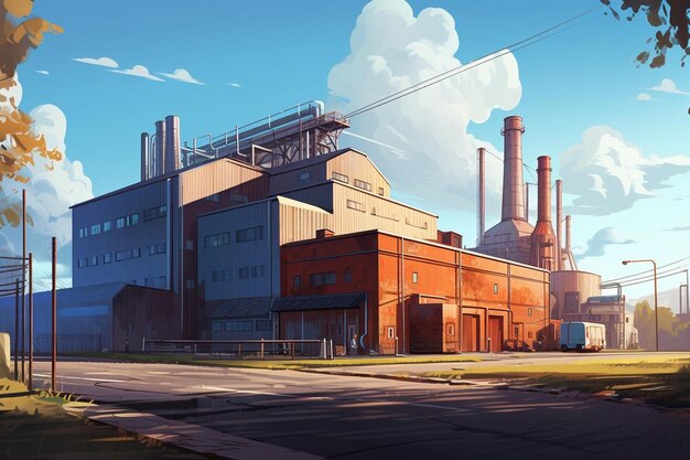 Photo a painting of a factory on a sunny day