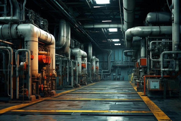 A painting of a factory with pipes and pipes.