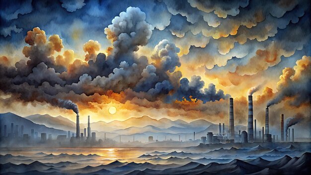 a painting of a factory with thick smoke billowing out of its chimneys