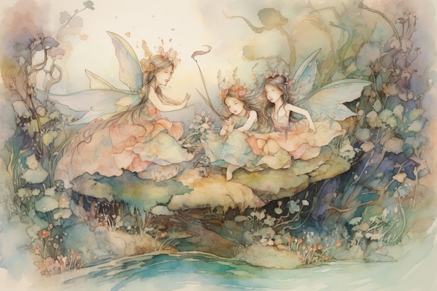 A painting of fairies on a boat