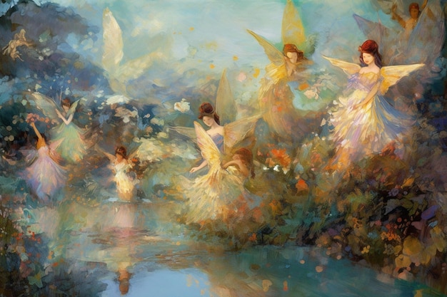 A painting of fairies dancing in the water with the words " the word " on the bottom.