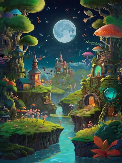 a painting of a fairy garden with a waterfall in the background