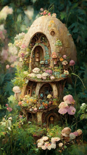 A painting of a fairy house with a mushroom house on the top.