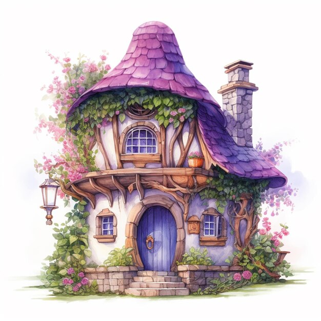 Foto dipinto di una casa di fate con un tetto viola e una porta blu generativo ai
