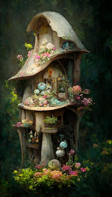 A painting of a fairy house with a tree house on the bottom.