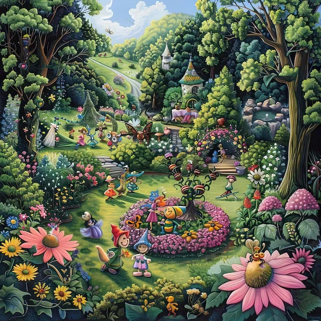 Photo a painting of a fairy land with many flowers