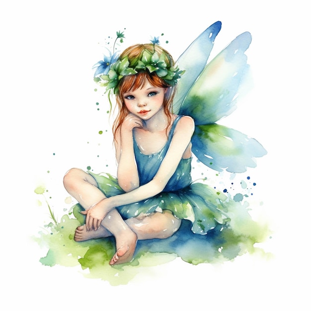 Painting of a fairy sitting on the ground with a flower crown generative ai