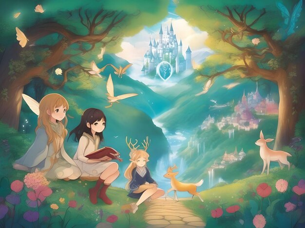 a painting of a fairy tale with two girls and a castle in the background