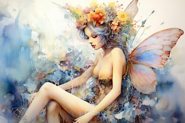 A painting of a fairy with flowers on her wings