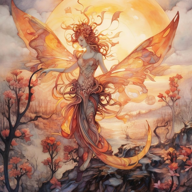 A painting of a fairy with a large tail and wings and a large flower on the top.