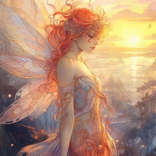 A painting of a fairy with red hair and wings