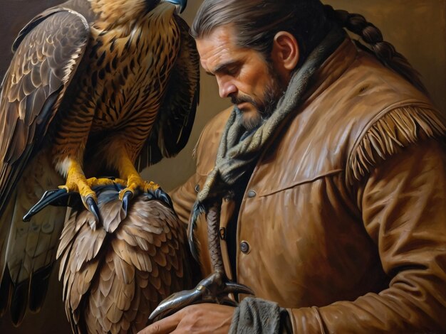 Photo a painting of a falcon and a man with a brown jacket