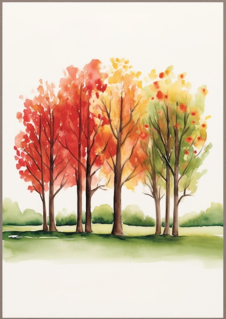 Painting fall trees in a row Autumn watercolor landscape Generative AI