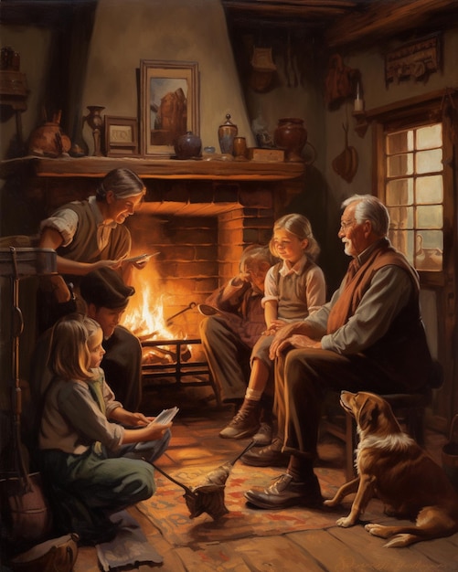 A painting of a family around a fire