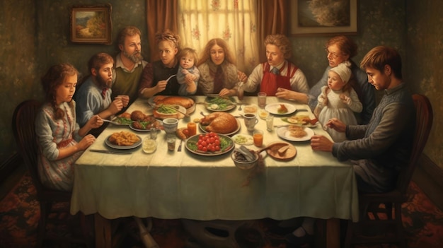 A painting of a family at a dinner table
