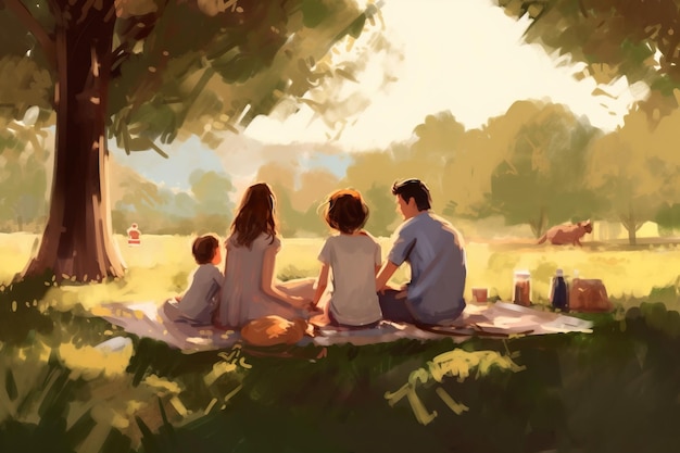 painting of a family enjoying a picnic