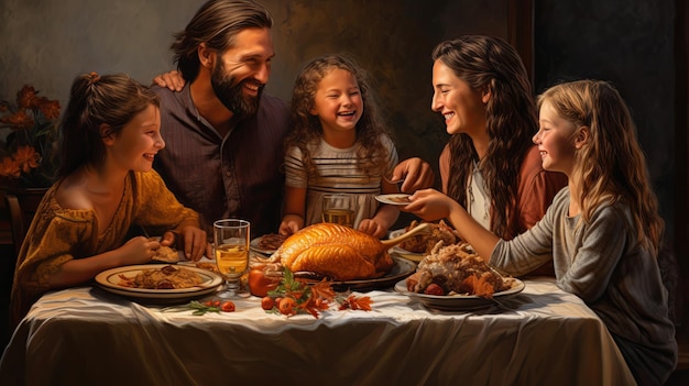 A Painting of a Family Enjoying a Turkey Dinner