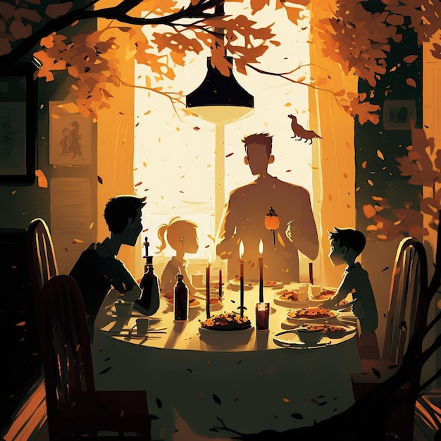 A painting of a family having dinner in front of a tree with a bird on the top of it.