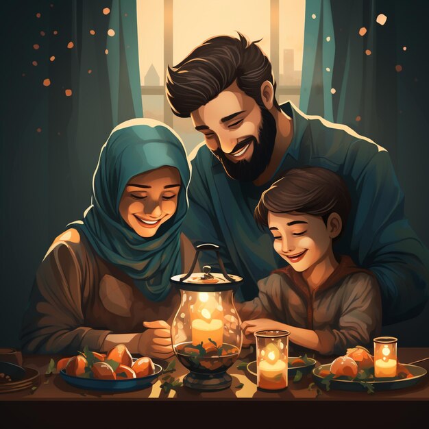 a painting of a family having dinner at a table with candles