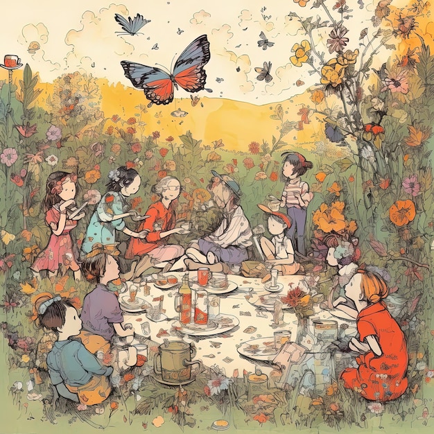 Photo a painting of a family having a picnic in a field with a bird flying above.