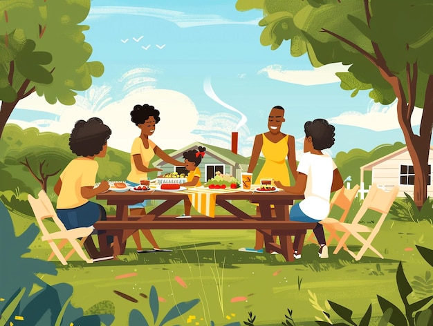 Photo a painting of a family having a picnic in a park