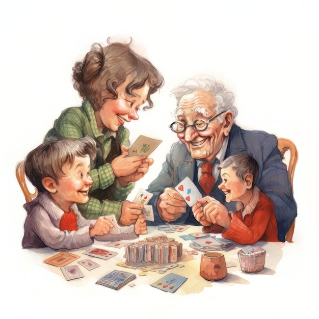 한 남자와 한 여자가 카드 놀이를 하고 있는 가족 놀이 그림.