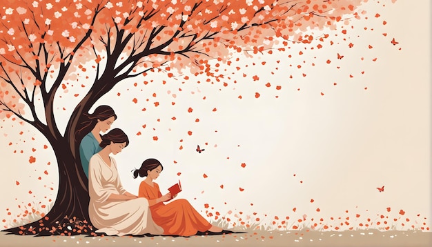 a painting of a family reading a book under a tree