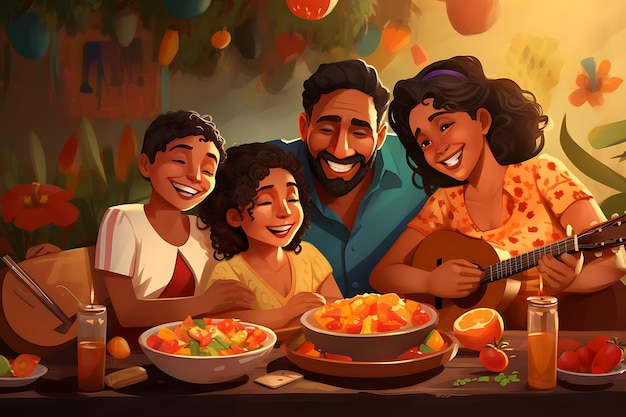 a painting of a family taking a meal