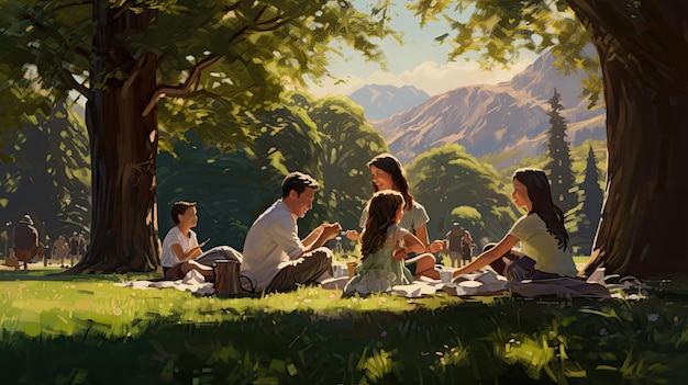 a painting of a family under a tree