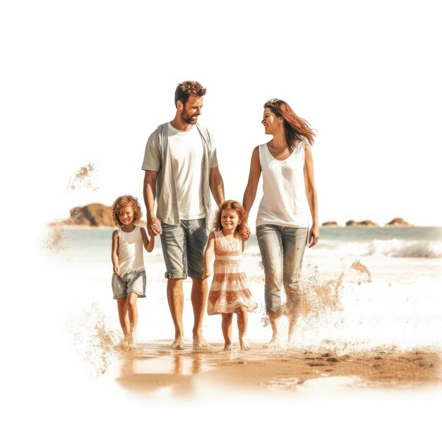 A painting of a family walking on the beach