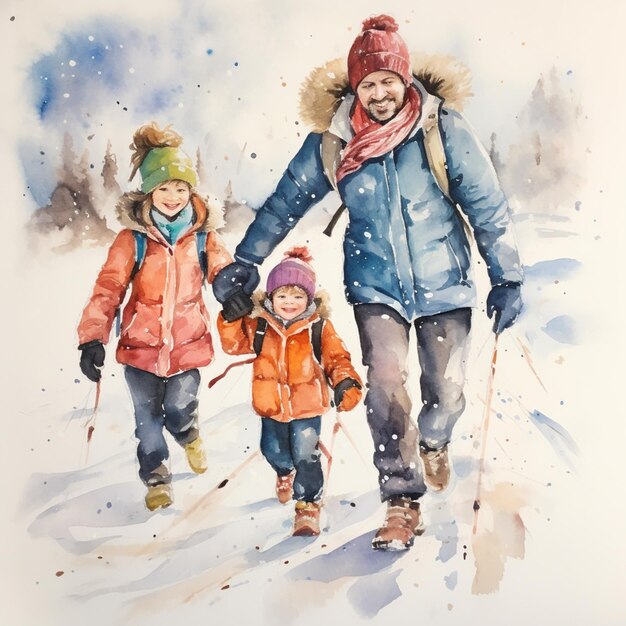 painting of a family walking in the snow with their skis generative ai