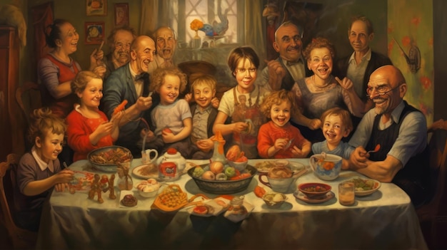 A painting of a family with a table full of food.