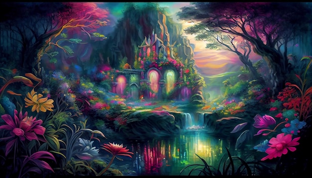 が生じる森の中のファンタジー城の絵