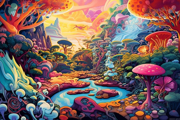 Картина фантастического леса с ручьем и красочными деревьями