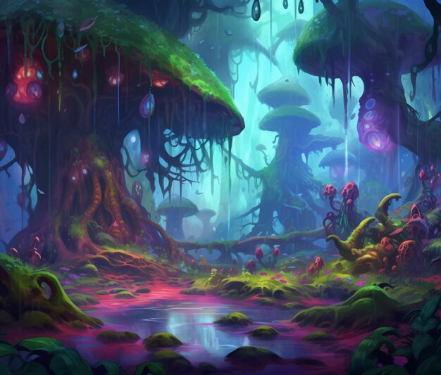 A painting of a fantasy forest with a stream running through it generative ai