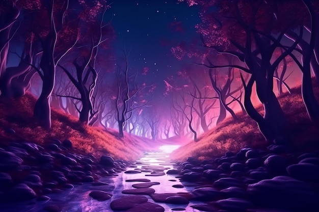 Premium AI Image | painting of a fantasy forest with a stream and trees