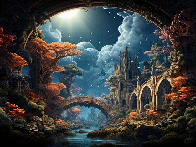 A painting of a fantasy landscape with a bridge Generative AI