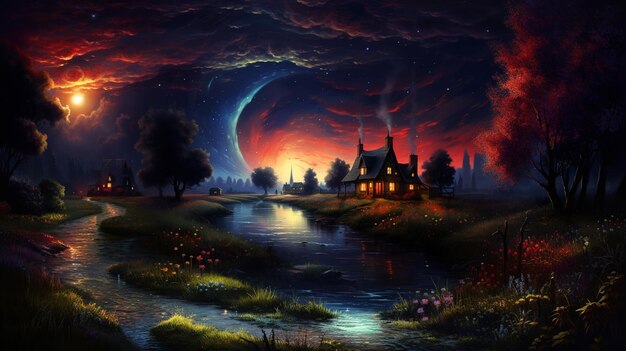 painting of a fantasy landscape with a river and a house generative ai