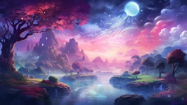 a painting of a fantasy landscape with a river and a mountain generative ai