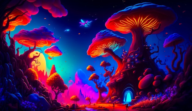 Painting of fantasy landscape with trees mushrooms and house Generative AI