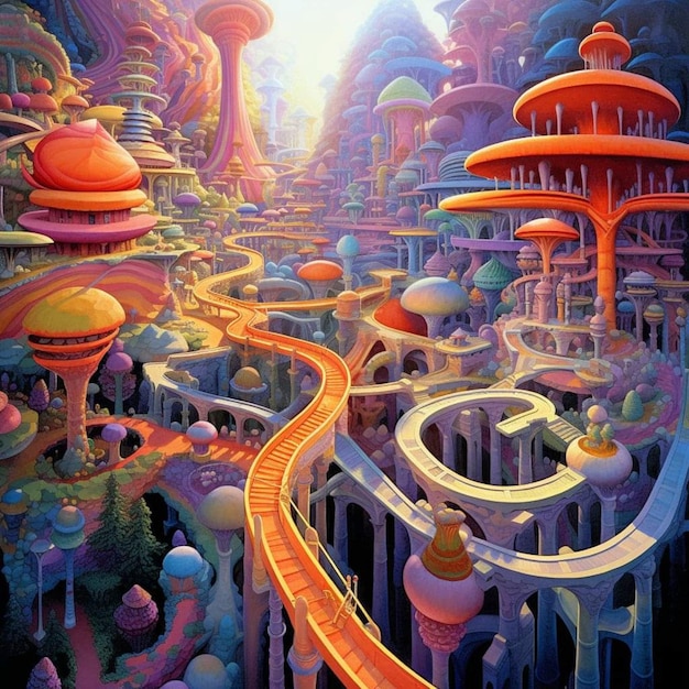 A painting of a fantasy world with a road going through it.