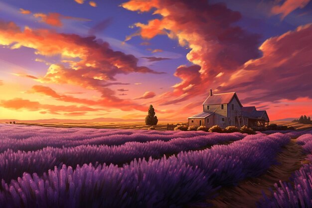 Photo a painting of a farm house in a field of purple flowers