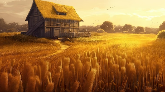 A painting of a farm house in a wheat field