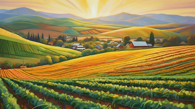 A painting of a farm and mountains with a sunset in the background.